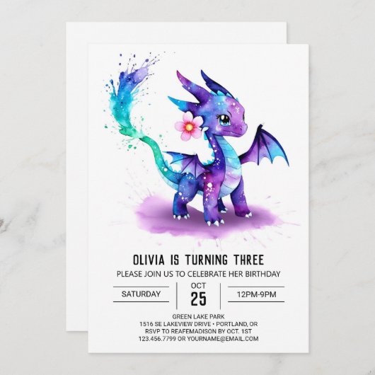 ファンタジーウォーターカラードラゴンデジタルガール誕生日 招待状 (正面/裏面)