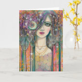 ファンタジーウーマンボヘミアンジプシーカラフル抽象芸術 カード (黄色い花)