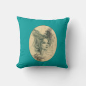 ファンタジーウーマン顔バードバードスカルウィングスサーレアルアート クッション (正面)