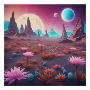 ファンタジーエイリアン惑星の風景と花 ポスター