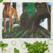 ファンタジーエルフのアーチャー ヴィスラ犬 魔法の森 キッチンタオル (折り畳み)