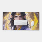 ファンタジーエルヴェンメイジ：濃い髪と炎の背景 デスクマット (キーボード&マウス)