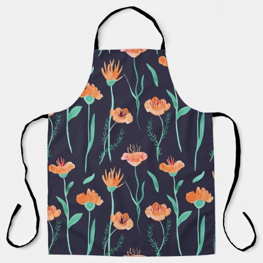 ファンタジーオレンジ色の花:水色ダークパターン。 エプロン (正面)