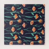 ファンタジーオレンジ色の花:水色ダークパターン。 ジグソーパズル (横)