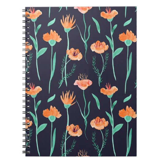 ファンタジーオレンジ色の花:水色ダークパターン。 ノートブック (正面)