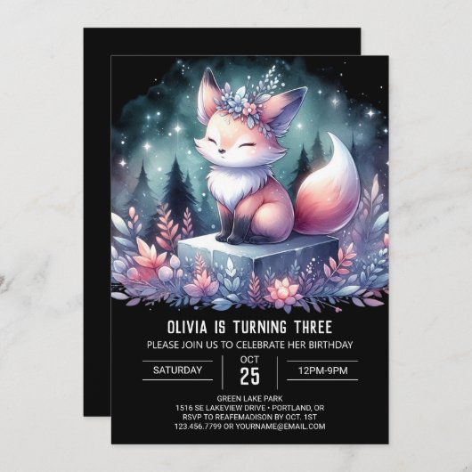 ファンタジーカスタムキツネ誕生日デジタル 招待状 (正面/裏面)
