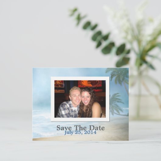ファンタジーカスタムビーチ写真ウェディング日付を保存 案内ポストカード (スタンド正面)