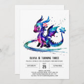 ファンタジーカラフルなドラゴンデジタルガールバースデー 招待状 (正面/裏面)
