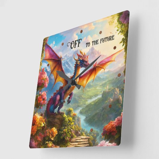 ファンタジーカラフルドラゴンが未来へ スクエア壁時計 (傾斜)