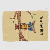 ファンタジーカラフルフクロウビッグブルーアイズオンブランチブラウン ゴルフタオル (横)