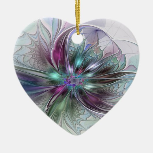 ファンタジーカラフル抽象芸術フラクタル花ハート セラミックオーナメント (正面)