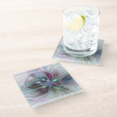 ファンタジーカラフル抽象芸術モダンフラクタル花 ガラスコースター (アングル)