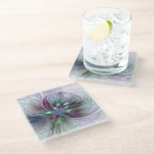 ファンタジーカラフル抽象芸術モダンフラクタル花 ガラスコースター (アングル)