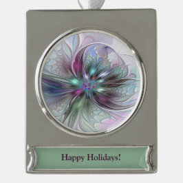 ファンタジーカラフル抽象芸術モダンフラクタル花 シルバープレートバナーオーナメント