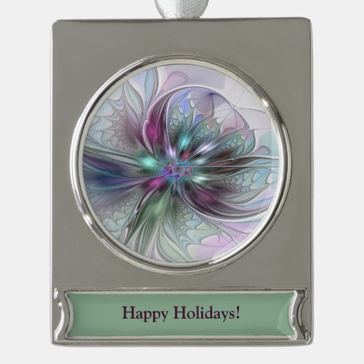 ファンタジーカラフル抽象芸術モダンフラクタル花 シルバープレートバナーオーナメント (正面)