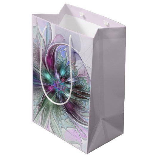 ファンタジーカラフル抽象芸術モダンフラクタル花 ミディアムペーパーバッグ (裏面アングル)