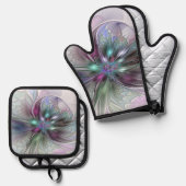 ファンタジーカラフル抽象芸術モダンフラクタル花 鍋つかみ&鍋敷きセット (正面/裏面)