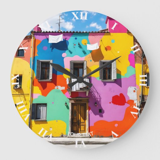 ファンタジーカワイオールドカラフル建物 ラージ壁時計 (正面)