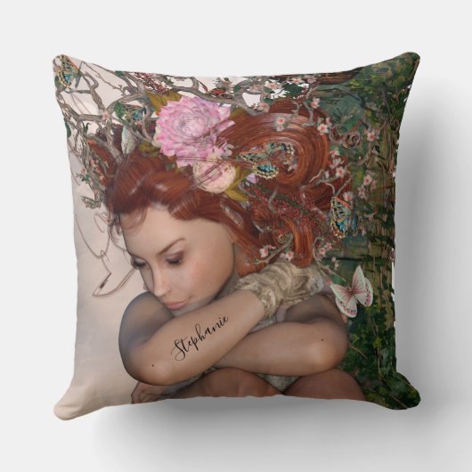 ファンタジーガーデンフェアリーとピンクの花 クッション (裏面)