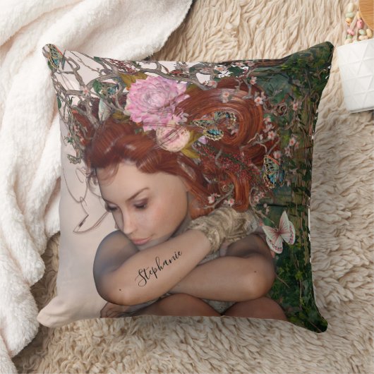 ファンタジーガーデンフェアリーとピンクの花 クッション (ブランケット)