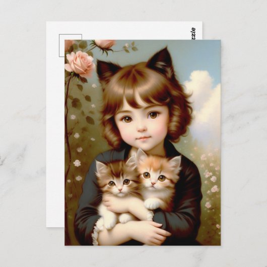 ファンタジーガールと子猫 – ヴィンテージ絵画ズ ポストカード (正面/裏面)