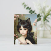 ファンタジーガールと黒い子猫 – ヴィンテージ絵画ズ ポストカード (スタンド正面)