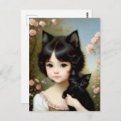 ファンタジーガールと黒い子猫 – ヴィンテージ絵画ズ ポストカード (正面/裏面)