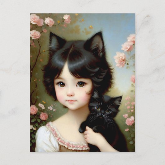 ファンタジーガールと黒い子猫 – ヴィンテージ絵画ズ ポストカード (正面)