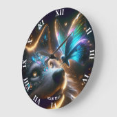 ファンタジーキュートウルフバタフライ宇宙 ラージ壁時計 (傾斜)