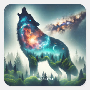 ファンタジーキュートウルフフォレスト宇宙 スクエアシール