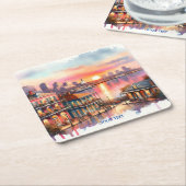 ファンタジーキュートサンセットニューオーリンズビュー スクエアペーパーコースター (アングル)