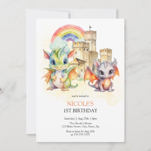ファンタジーキュートドラゴンキャッスルレインボー子供の誕生日 招待状 (正面)