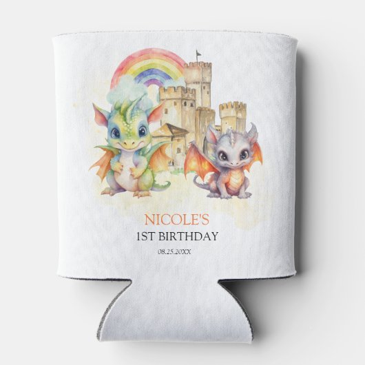 ファンタジーキュートドラゴンキャッスルレインボー子供の誕生日 缶クーラー (裏面)