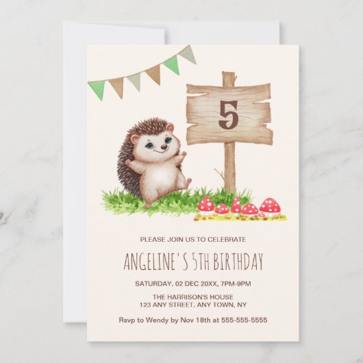 ファンタジーキュートハッピーヘッジホッグフォレスト誕生日 招待状 (正面)