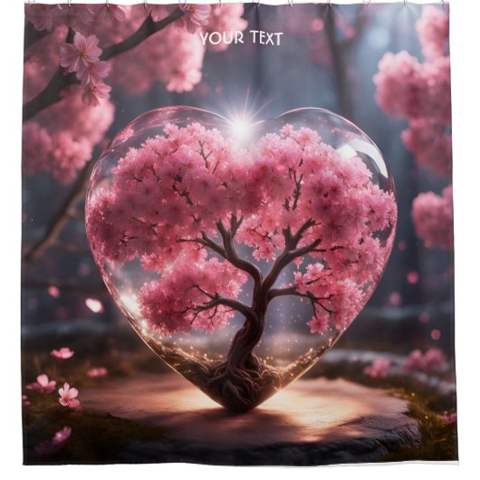ファンタジーキュート鮮やかなハート桜ガラス シャワーカーテン (正面)