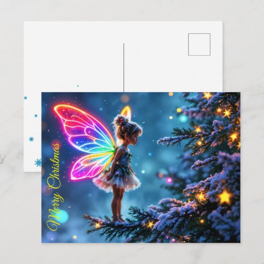 ファンタジークリスマス妖精の雪の木のホリデーライト ポストカード (正面/裏面)