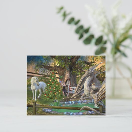 ファンタジークリスマス妖精ユニコーンドラゴン ポストカード (スタンド正面)