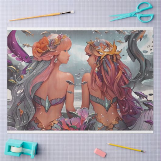 ファンタジーグレーとピンクの水色のマーメイド 薄葉紙 (クラフト)