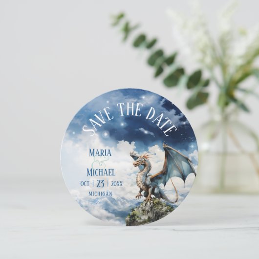 ファンタジーケルトのドラゴンウェディング日付カードを保存 招待状 (スタンド正面)