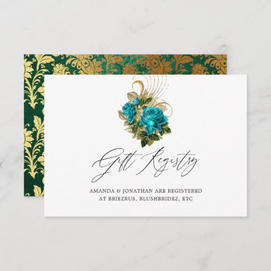 ファンタジーターコイズ＆ゴールドのウェディングギフトレジストリー エンクロージャーカード (正面/裏面)