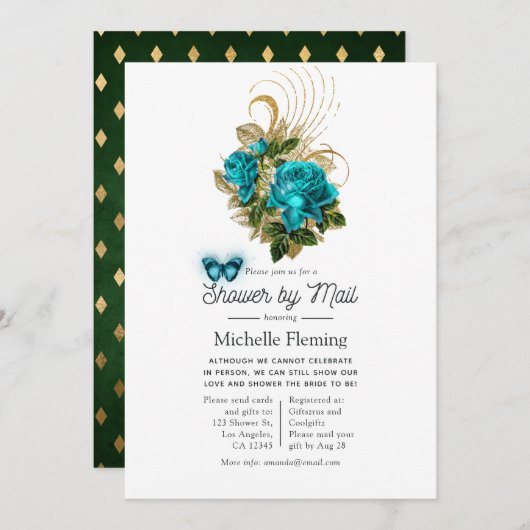 ファンタジーターコイズ-ティール（緑がかった色）と金ゴールドシャワー（郵便） 招待状 (正面/裏面)