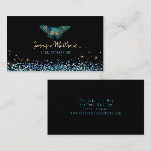 ファンタジーティール（緑がかった色）&金ゴールドグリッター水彩バタフライ 名刺 (正面/裏面)