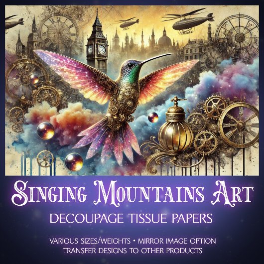 ファンタジーハミングバードスチームパンク景観デクページ 薄葉紙