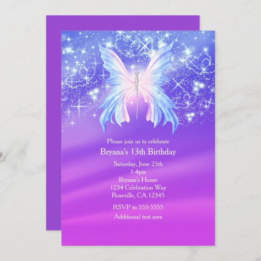 ファンタジーバタフライピンク&パープルスパークルパーティー 招待状 (正面/裏面)