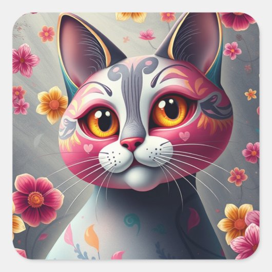 ファンタジーパターン(の模様が)あるおもしろい猫シール スクエアシール (正面)