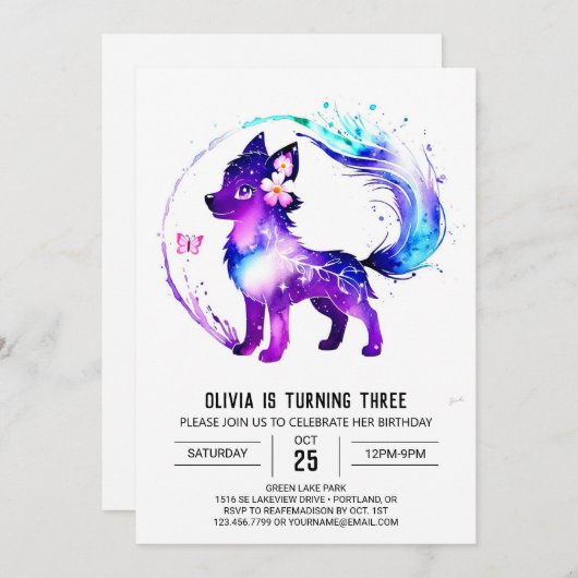 ファンタジーパープルウルフデジタルガール誕生日 招待状 (正面/裏面)
