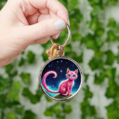 ファンタジーピンクの猫で魔法星空の夜森 キーホルダー (手)