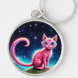 ファンタジーピンクの猫で魔法星空の夜森 キーホルダー