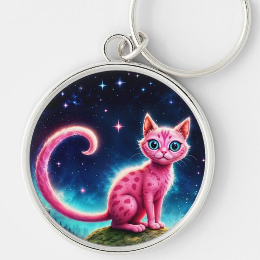 ファンタジーピンクの猫で魔法星空の夜森 キーホルダー (正面)