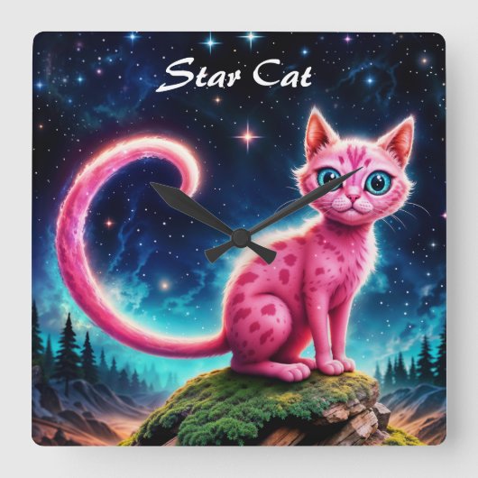 ファンタジーピンクの猫で魔法星空の夜森 スクエア壁時計 (正面)